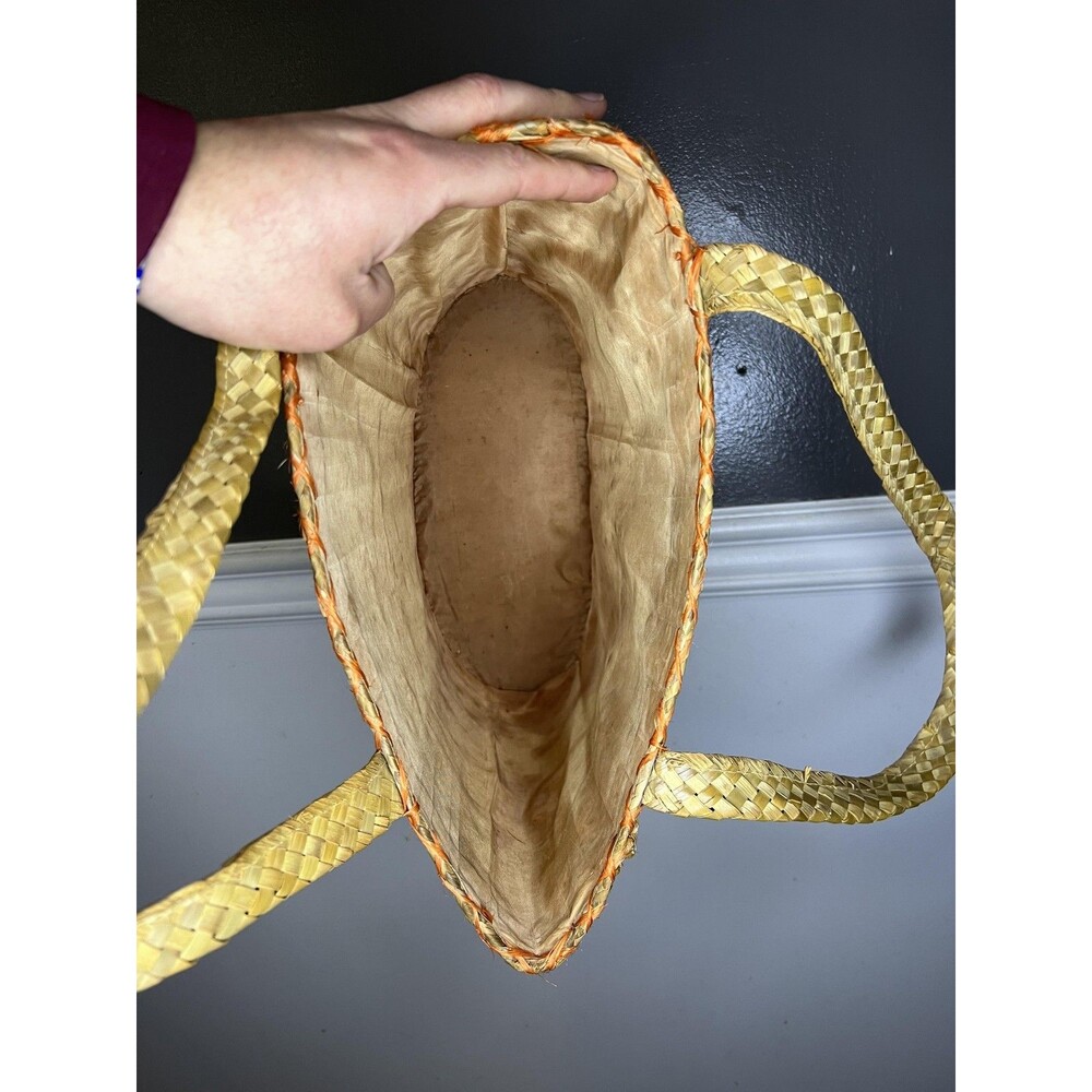 Vintage Straw Tote Bag Womens Large Beige Tropical Floral Applique Lined - Picture 11 of 11